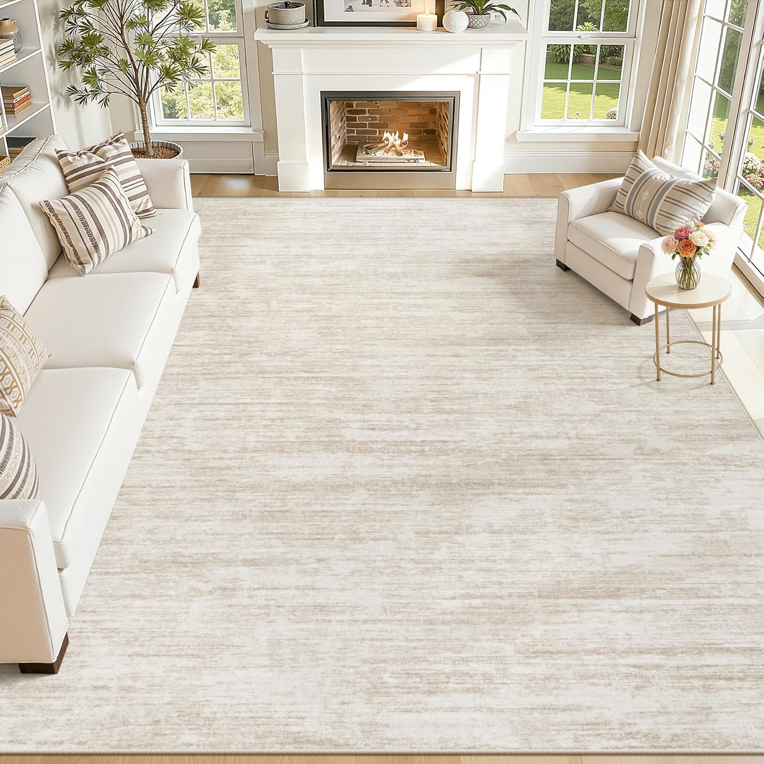 Modern abstract washable area rug 8x10 in beige neutral tones for living room