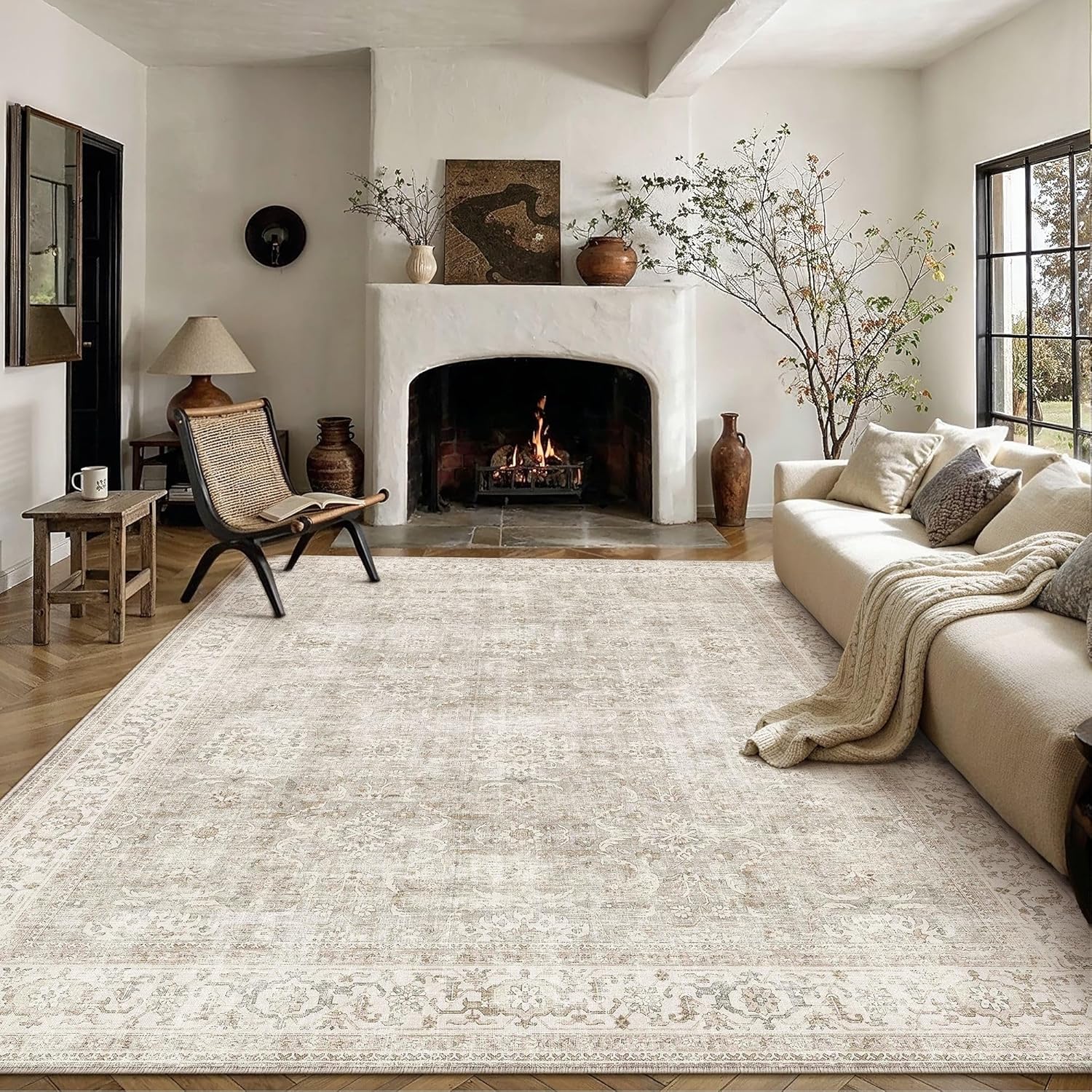 Vintage distressed grey area rug 8x10 washable with non-slip backing for living room