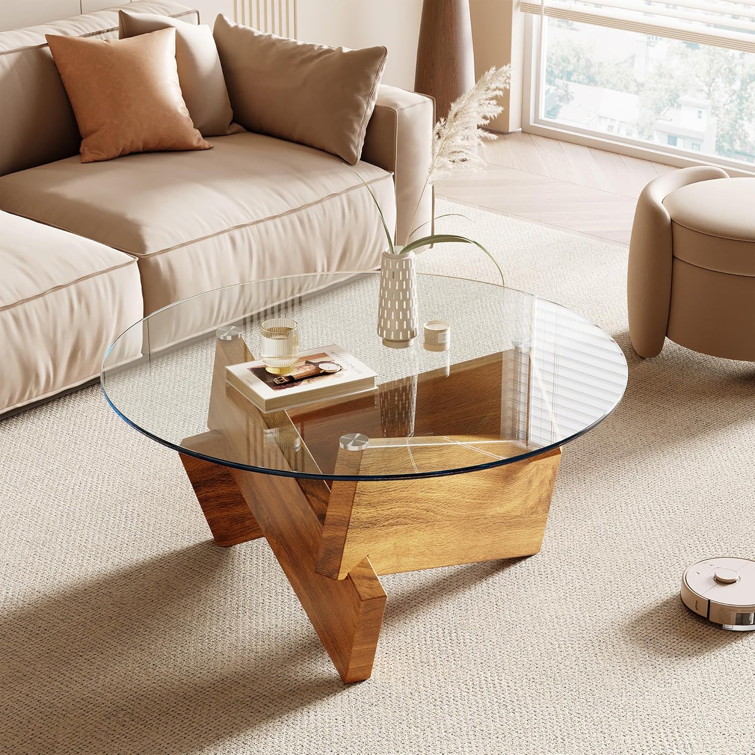 Honyee round glass coffee table with tempered glass top and sculptural wood base