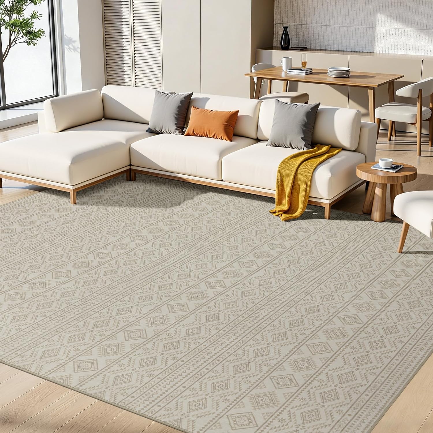 Boho Moroccan washable area rug 8x10 in cream and dark brown for living room