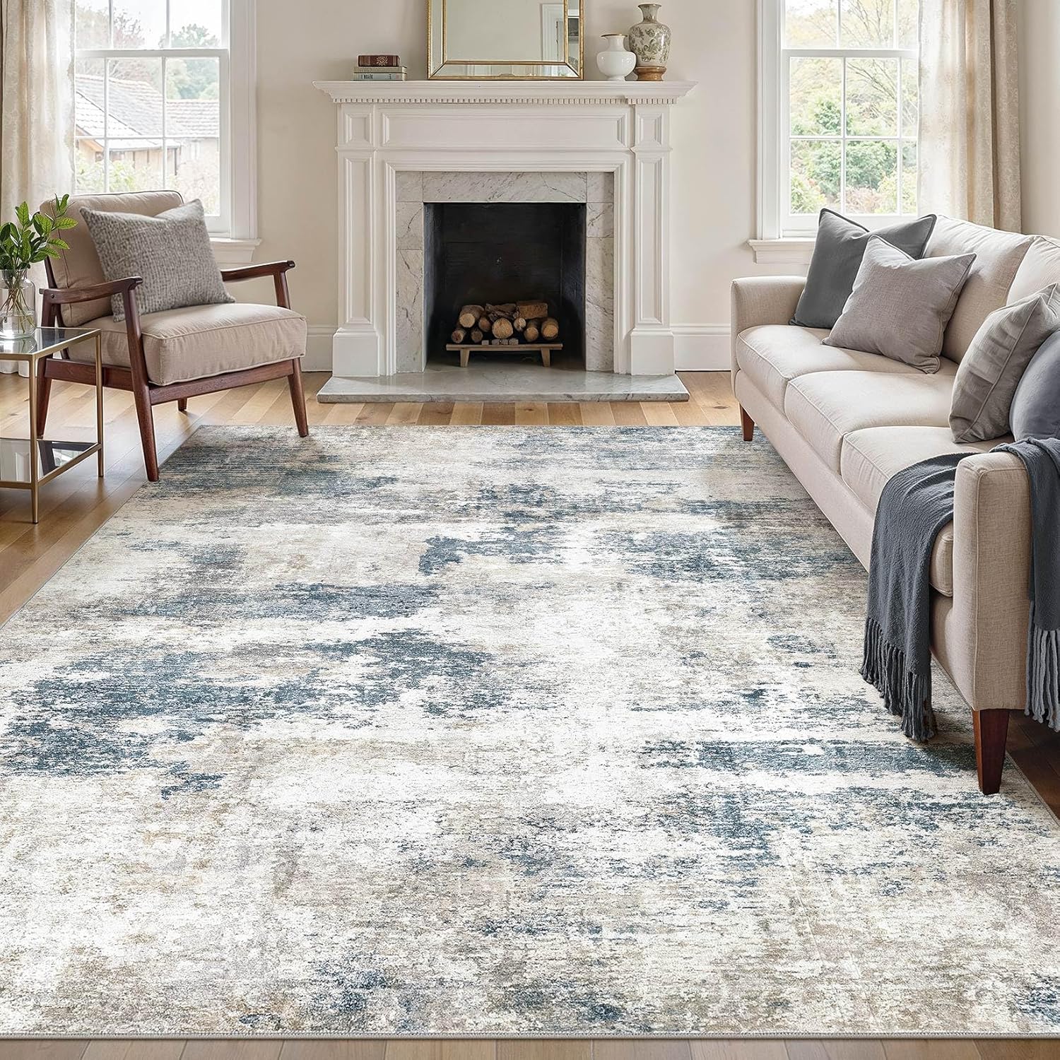 Modern abstract washable area rug 8x10 in blue grey tones for living room