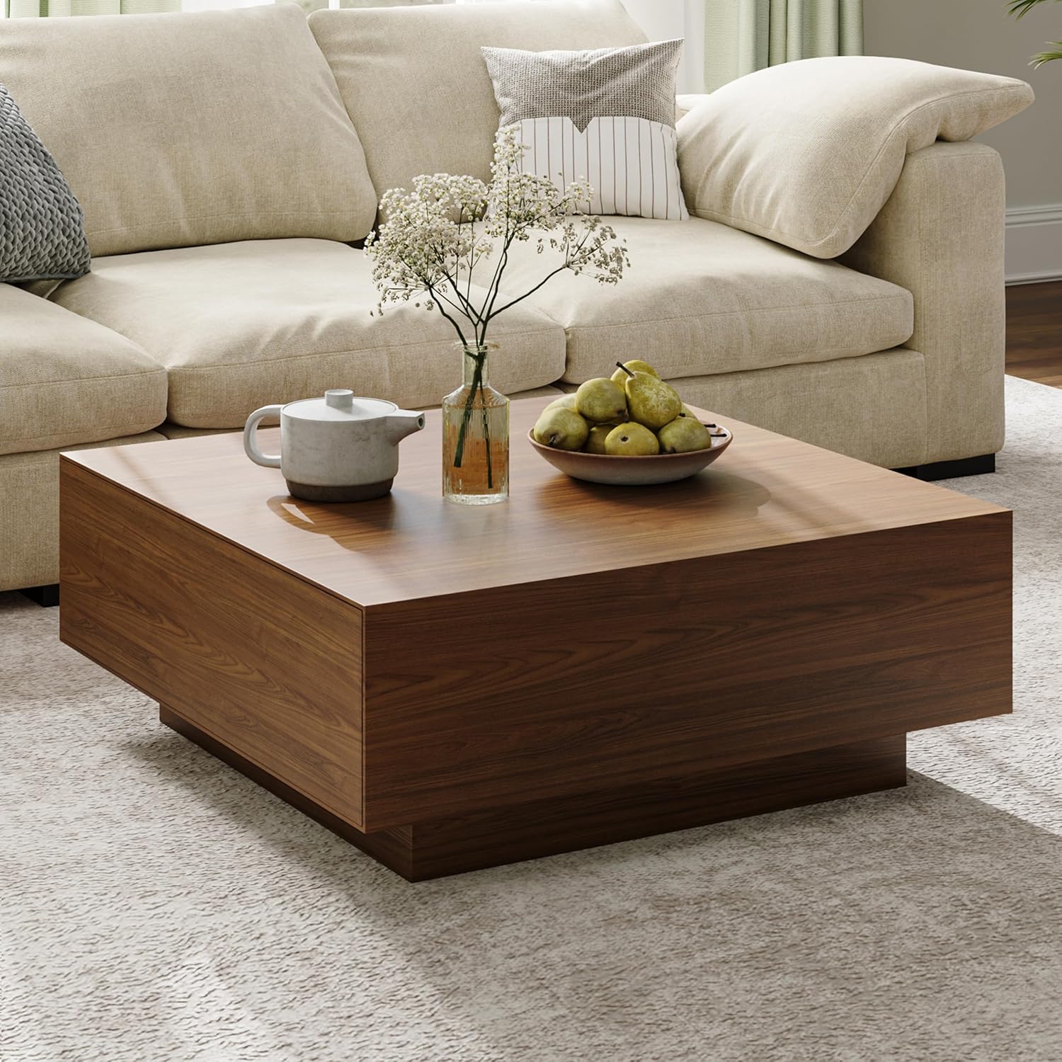 Premium square walnut coffee table with built-in storage drawers
