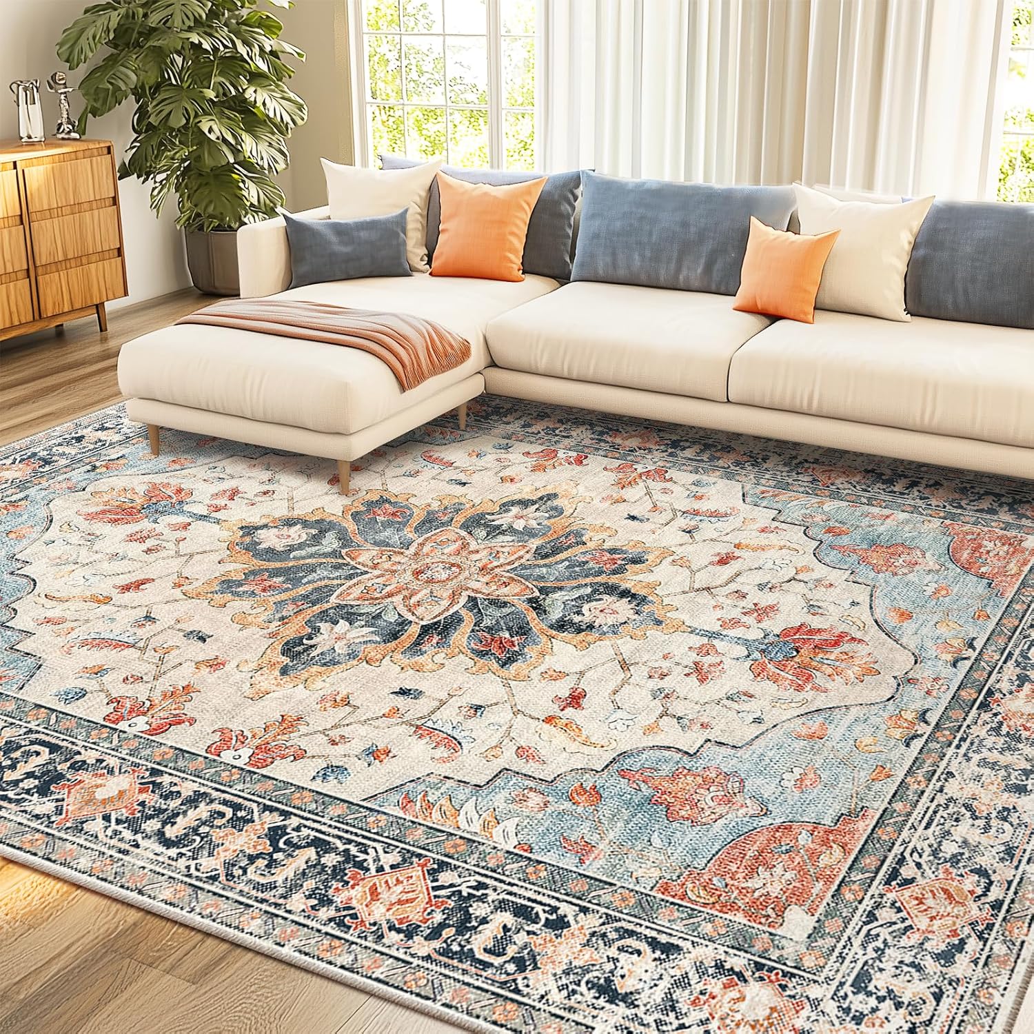 Washable vintage floral area rug 8x10 in neutral tones for living room