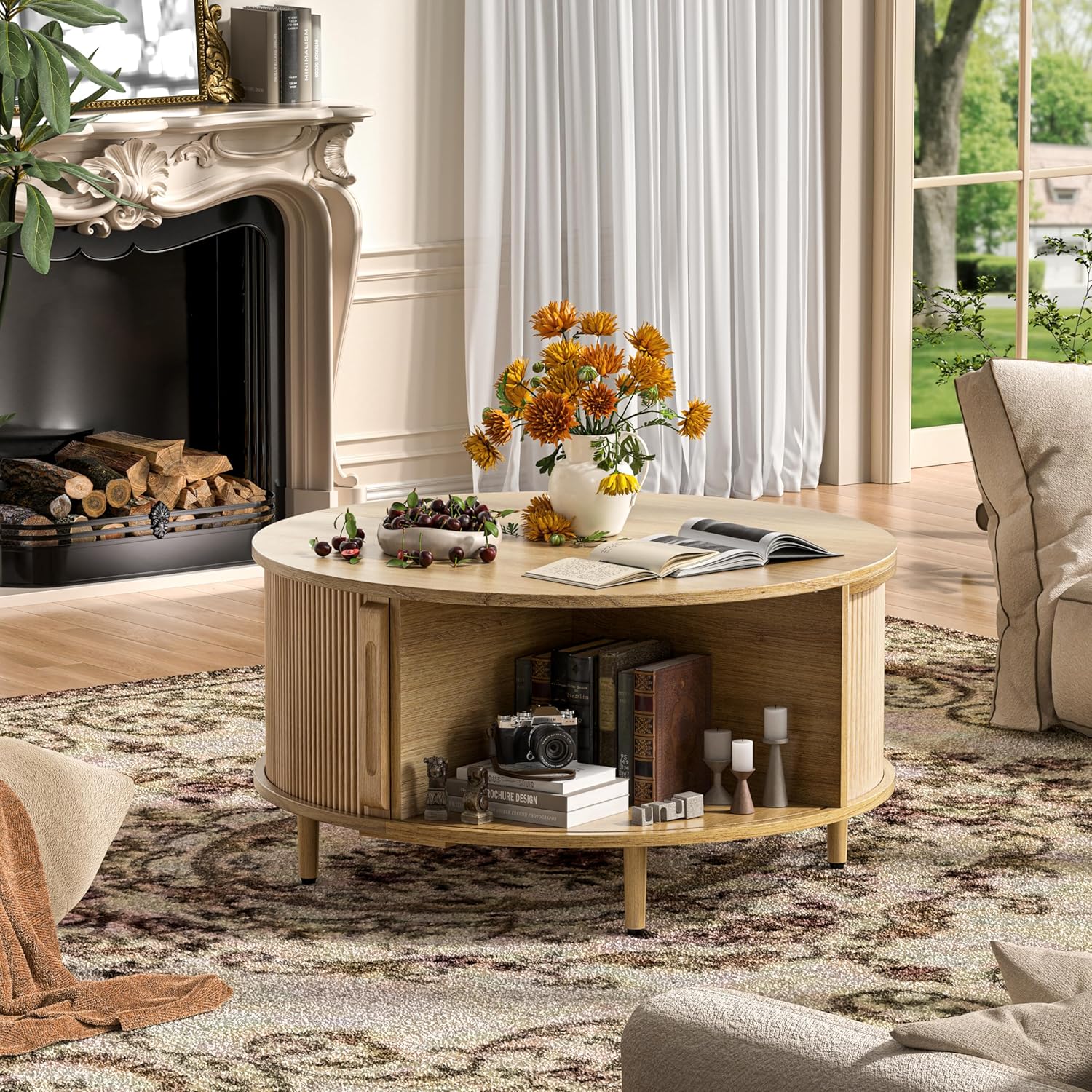Round fluted coffee table with hidden storage in natural wood finish