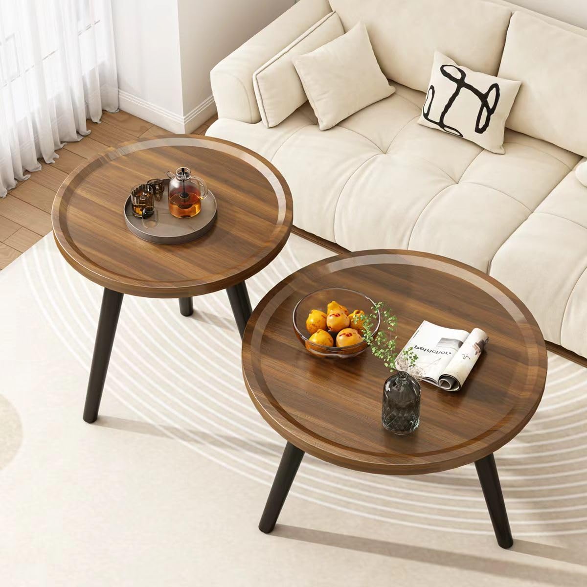 Round nesting coffee table set in walnut finish for small living room
