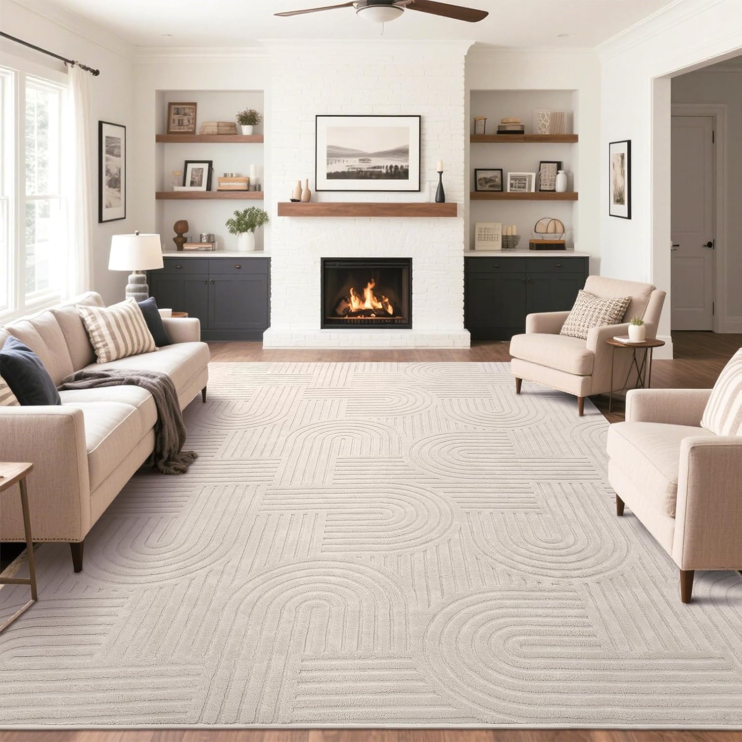 Soft textured beige area rug 8x10 with high low pile pattern for living room