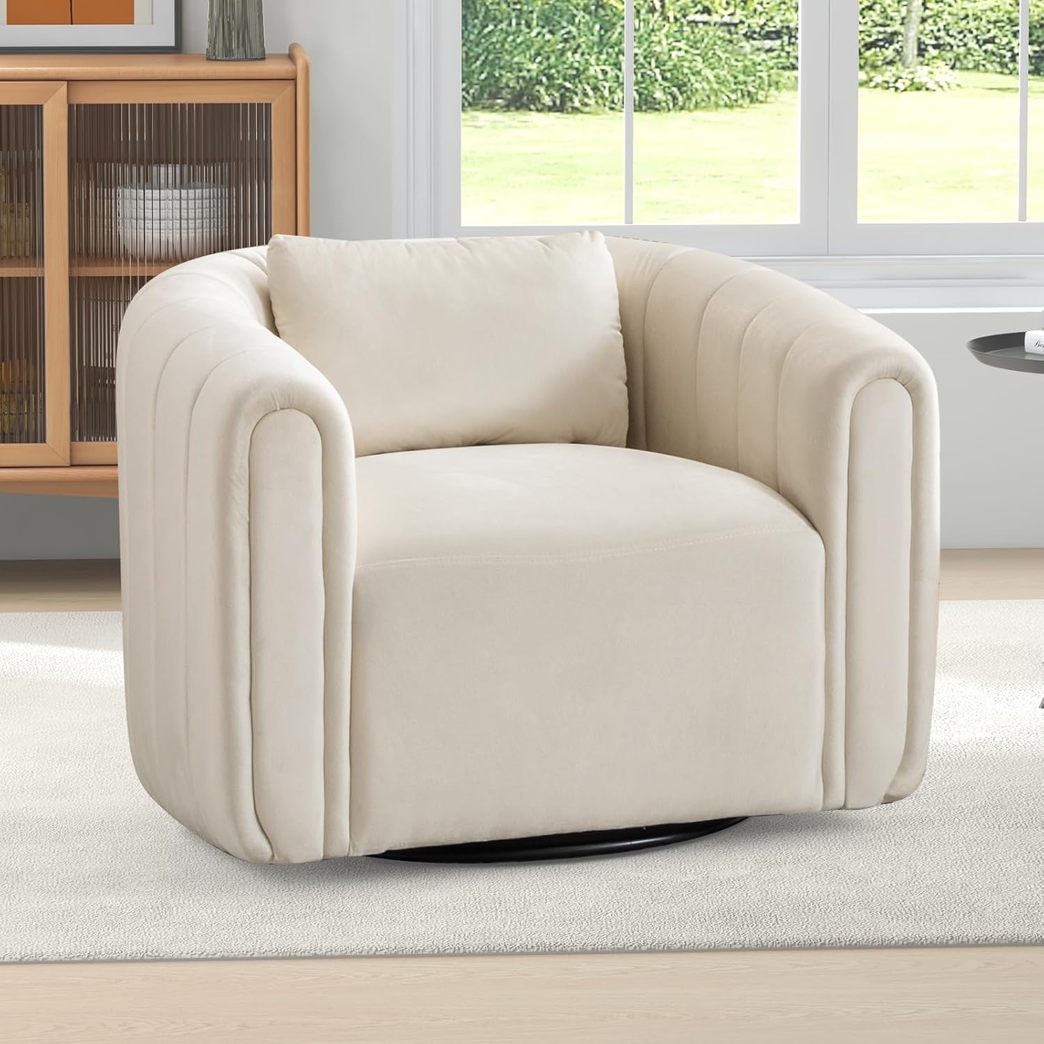 ANJ beige velvet swivel accent chair
