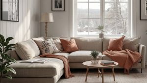 Bright living room with natural beige sectional sofa, earthy terracotta accents and soft Scandinavian styling
