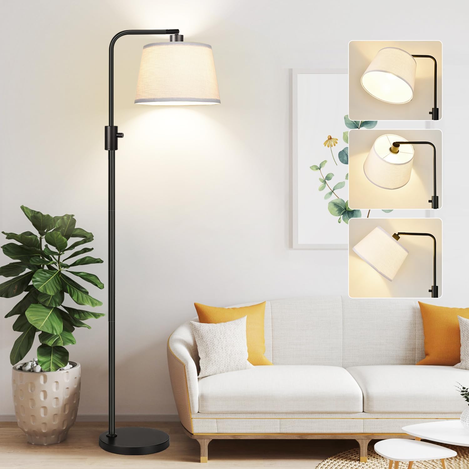 Black arc floor lamp with beige linen shade