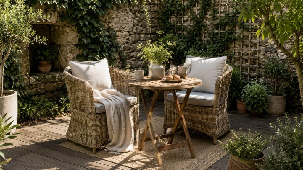 Small garden patio with a cozy wicker bistro set, wooden table, soft neutral cushions, coffee table styling, natural greenery, and warm sunlight creating a peaceful outdoor atmosphere.