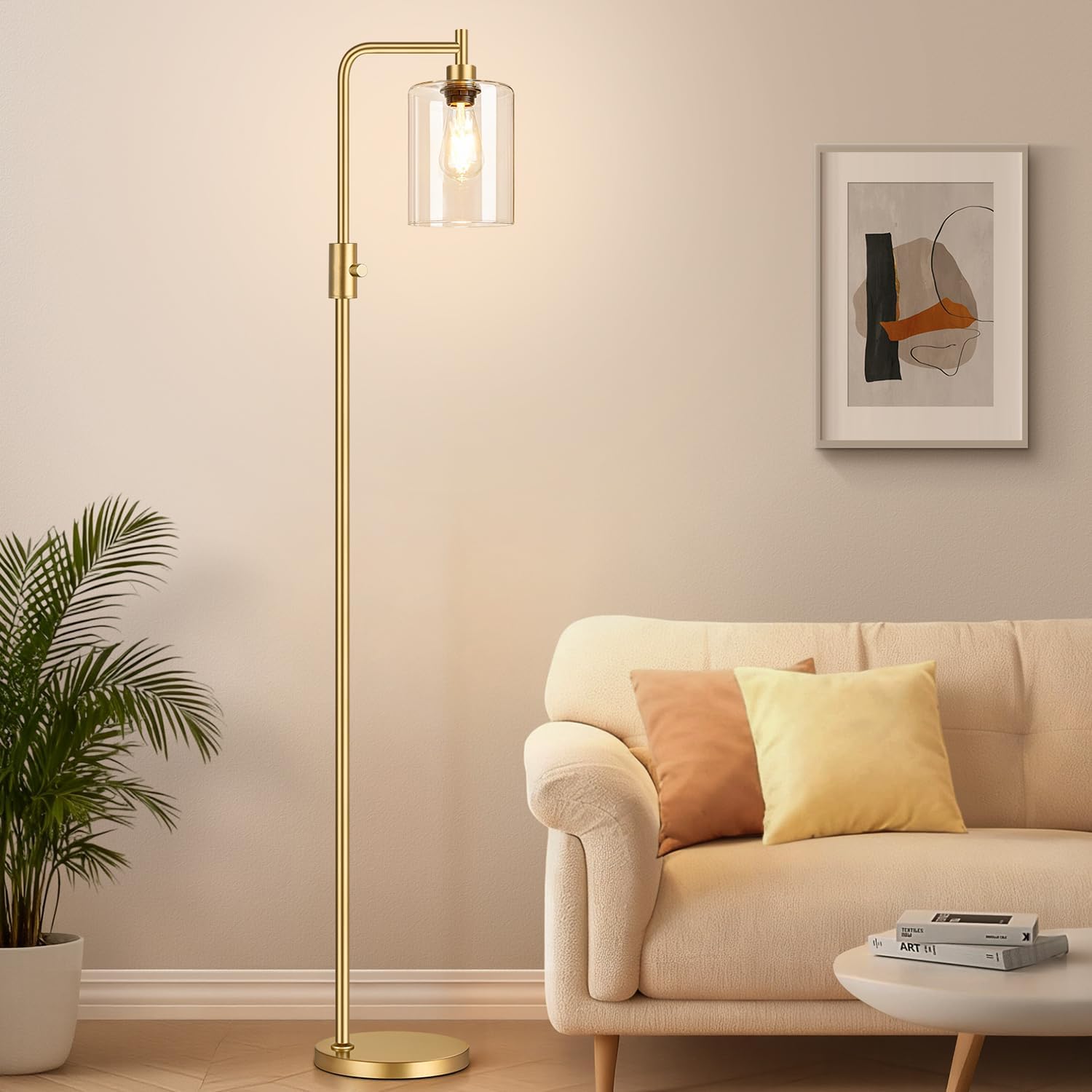 Dimmable gold floor lamp with clear glass shade