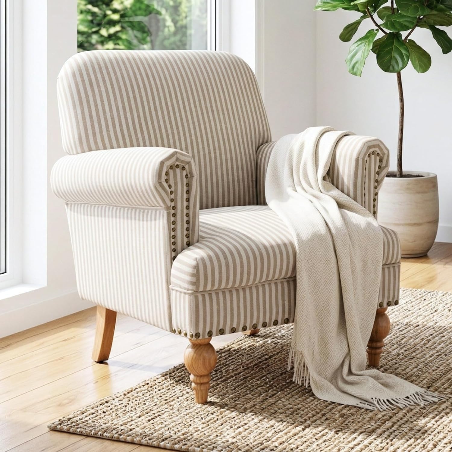 Khaki striped linen accent chair with nailhead trim and turned wood legs