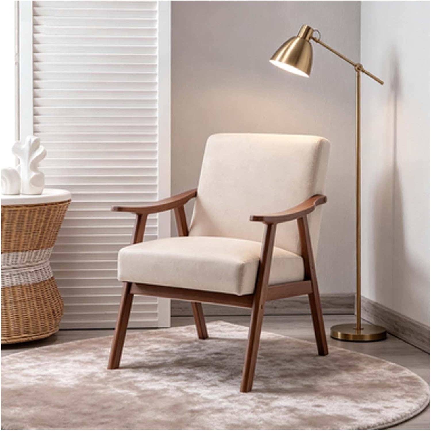 Light camel mid-century modern upholstered armchair with wood frame