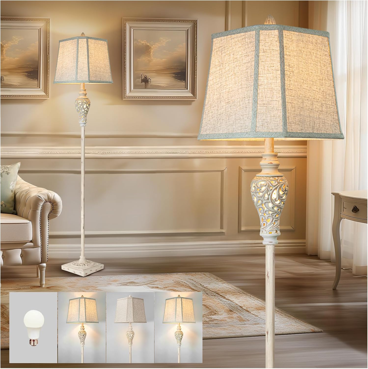 Rustic floor lamp with linen shade and nightlight