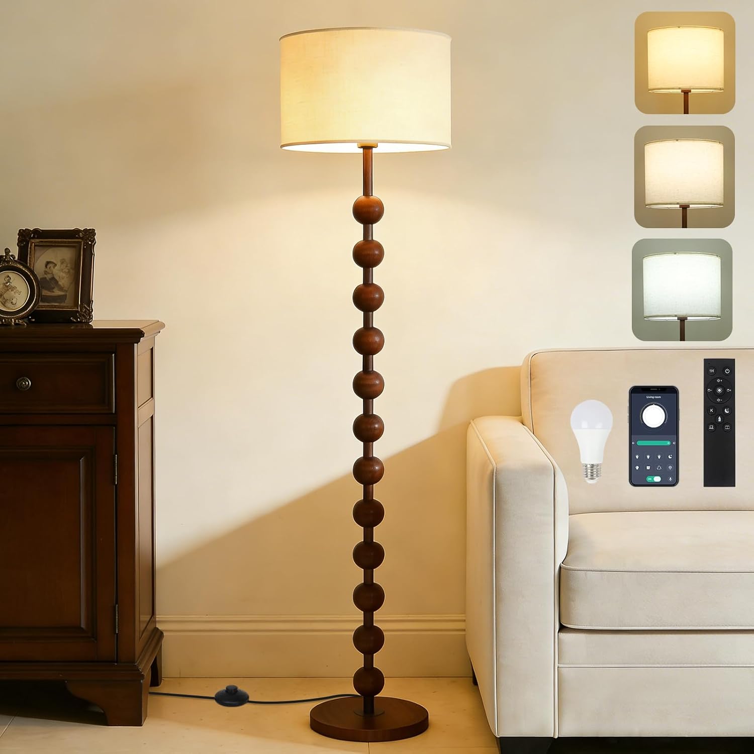 Walnut floor lamp with fabric shade for living room