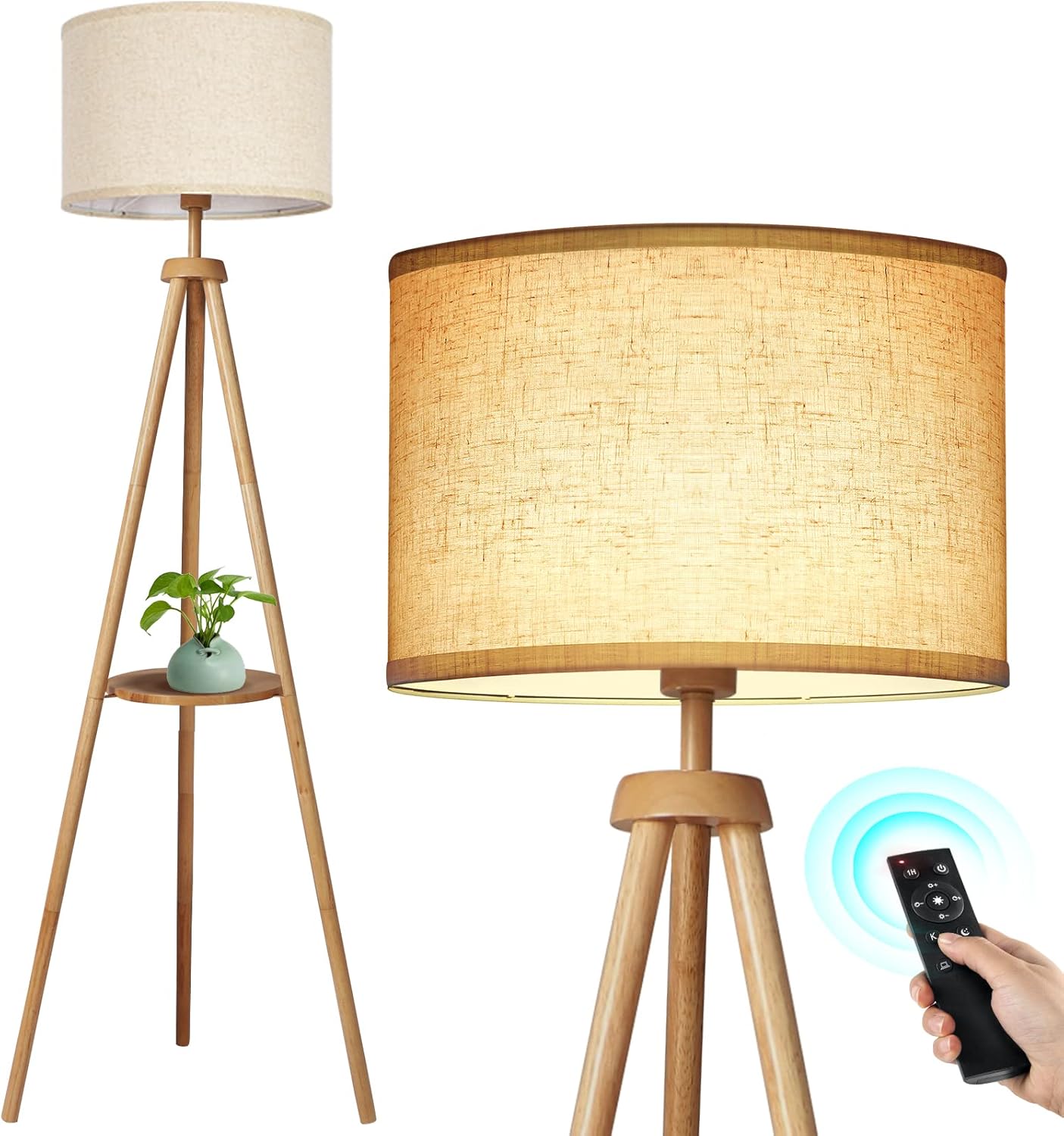 Wood tripod floor lamp with shelf and beige shade